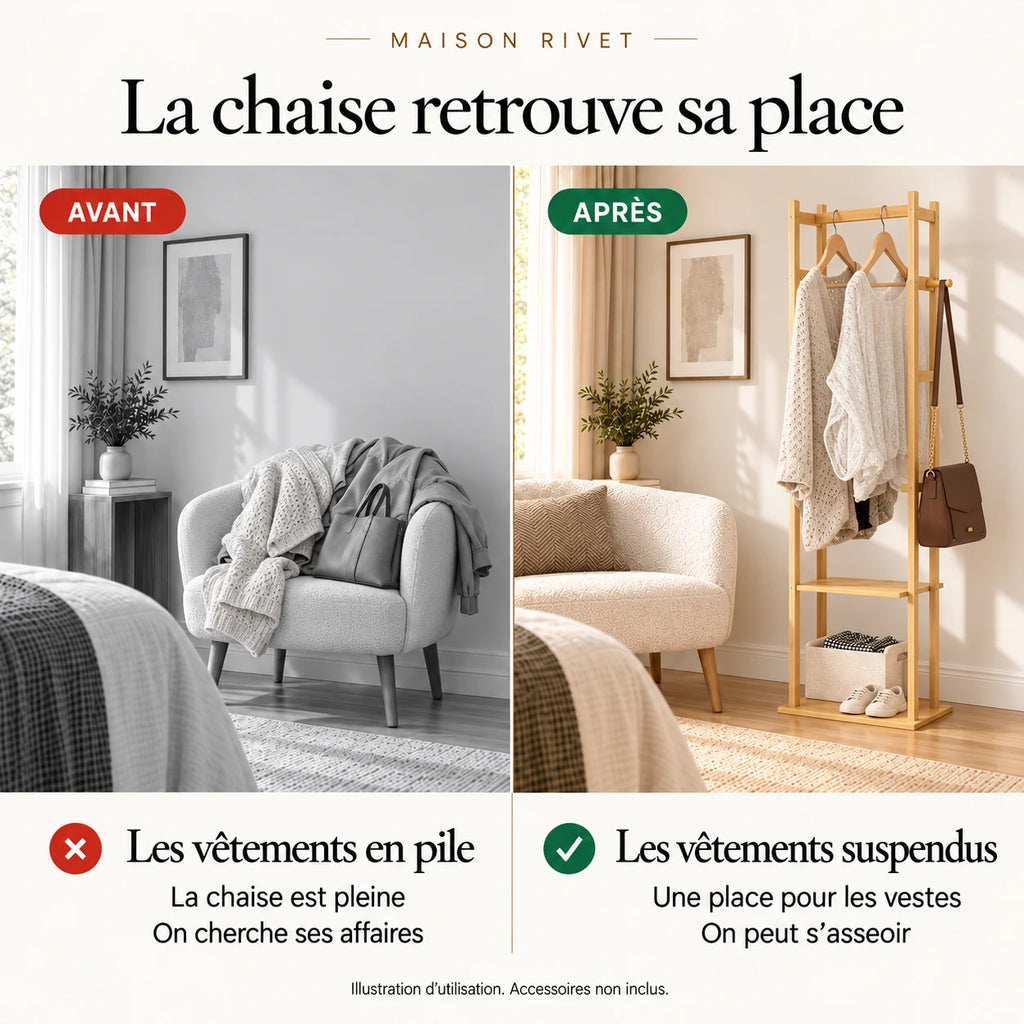 Avant et après illustratif : chaise encombrée puis vêtements rangés