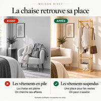 Avant et après illustratif : chaise encombrée puis vêtements rangés