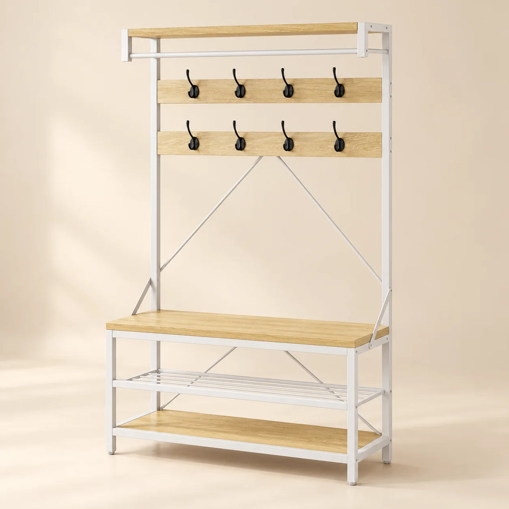 Vue de face du meuble avec banc bois clair et blanc et huit crochets doubles