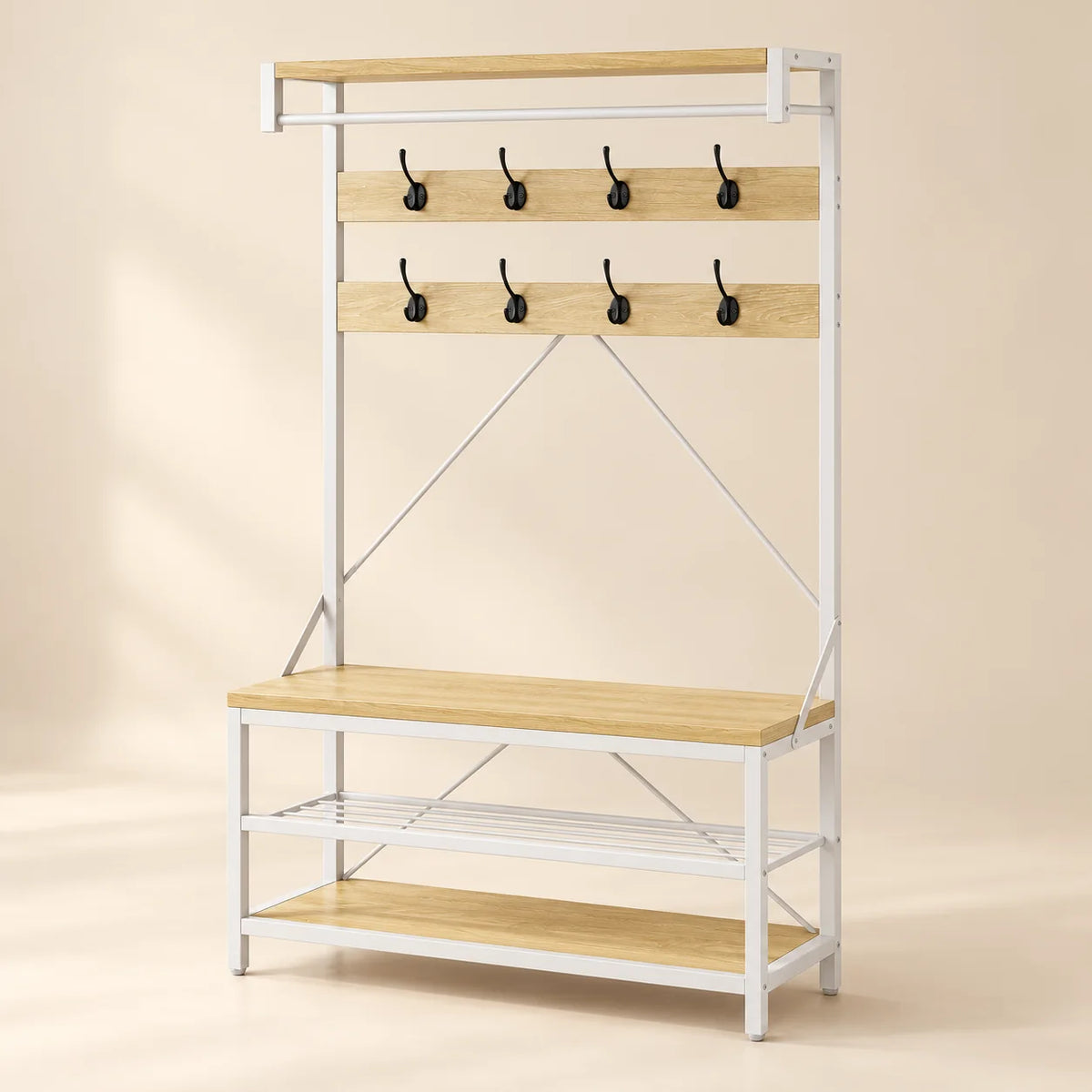 Vue de face du meuble avec banc bois clair et blanc et huit crochets doubles