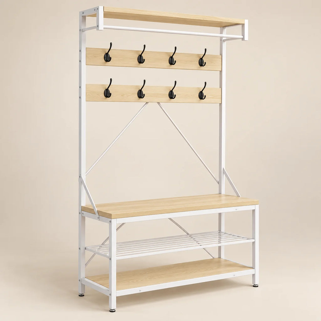 Vue de trois quarts du meuble bois clair et blanc avec barre pour cintres
