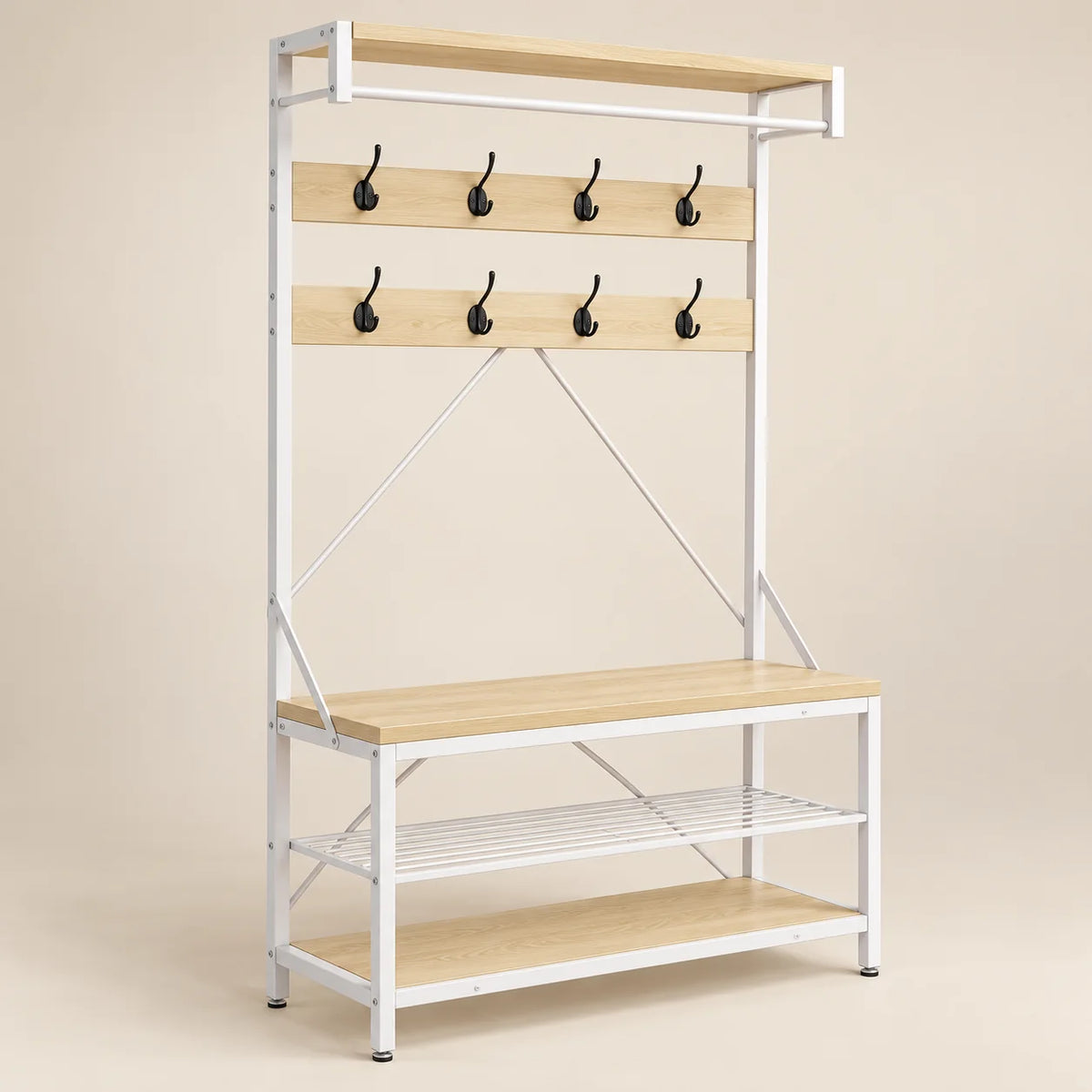 Vue de trois quarts du meuble bois clair et blanc avec barre pour cintres
