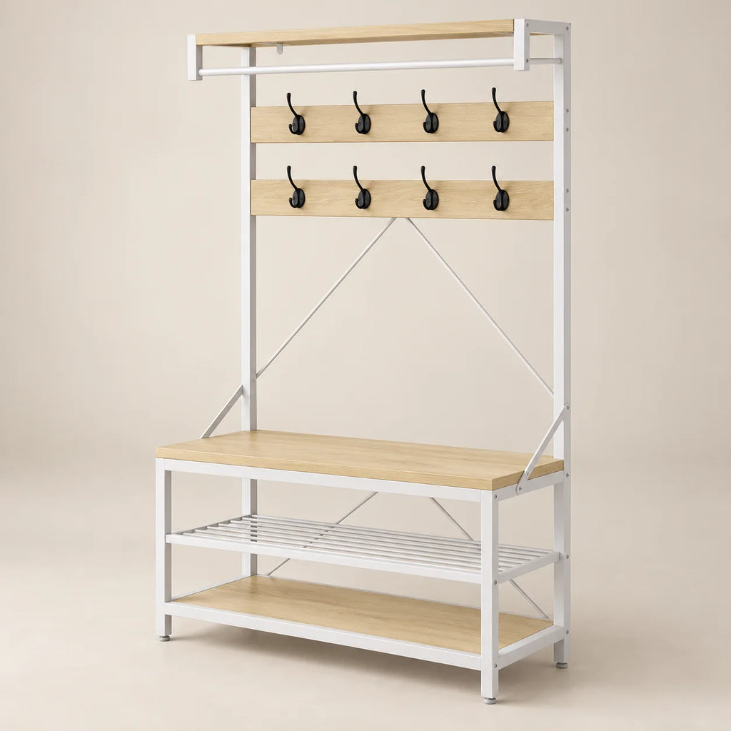 Vue du cadre métallique du meuble bois clair et blanc
