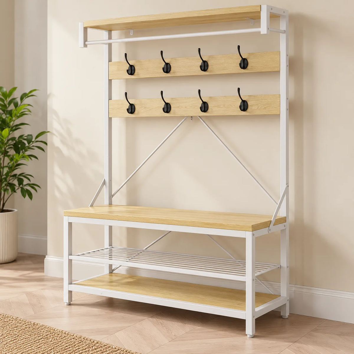 Banc et étagères à chaussures du meuble bois clair et blanc