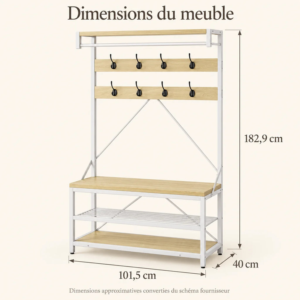 Dimensions approximatives du meuble bois clair et blanc : largeur 101,5 cm, profondeur 40 cm, hauteur 182,9 cm