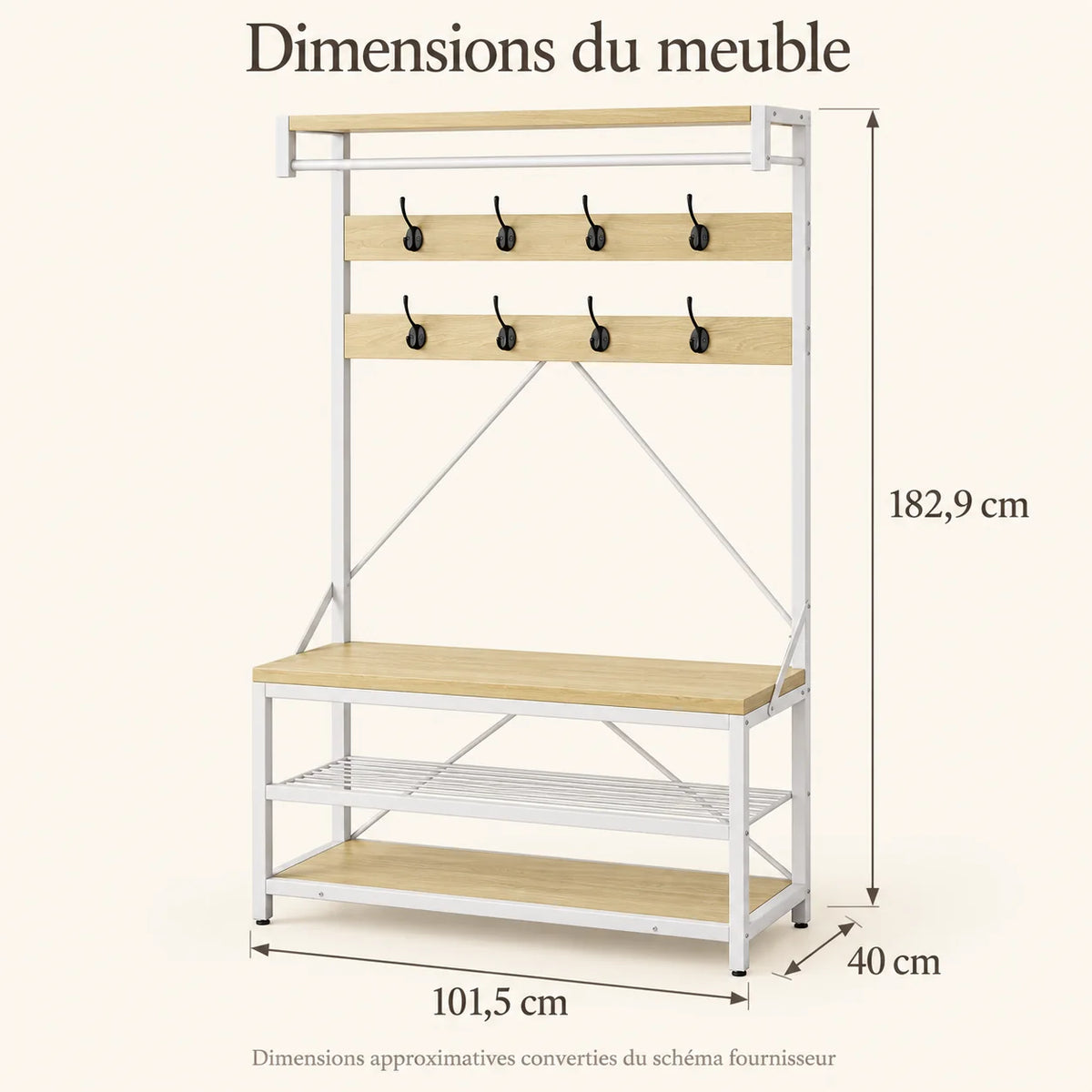 Dimensions approximatives du meuble bois clair et blanc : largeur 101,5 cm, profondeur 40 cm, hauteur 182,9 cm