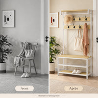 Avant et après illustratif du rangement de la chambre avec le meuble bois clair et blanc