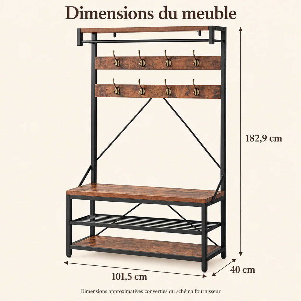 Dimensions approximatives du meuble brun et noir : largeur 101,5 cm, profondeur 40 cm, hauteur 182,9 cm