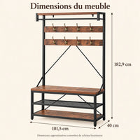Dimensions approximatives du meuble brun et noir : largeur 101,5 cm, profondeur 40 cm, hauteur 182,9 cm