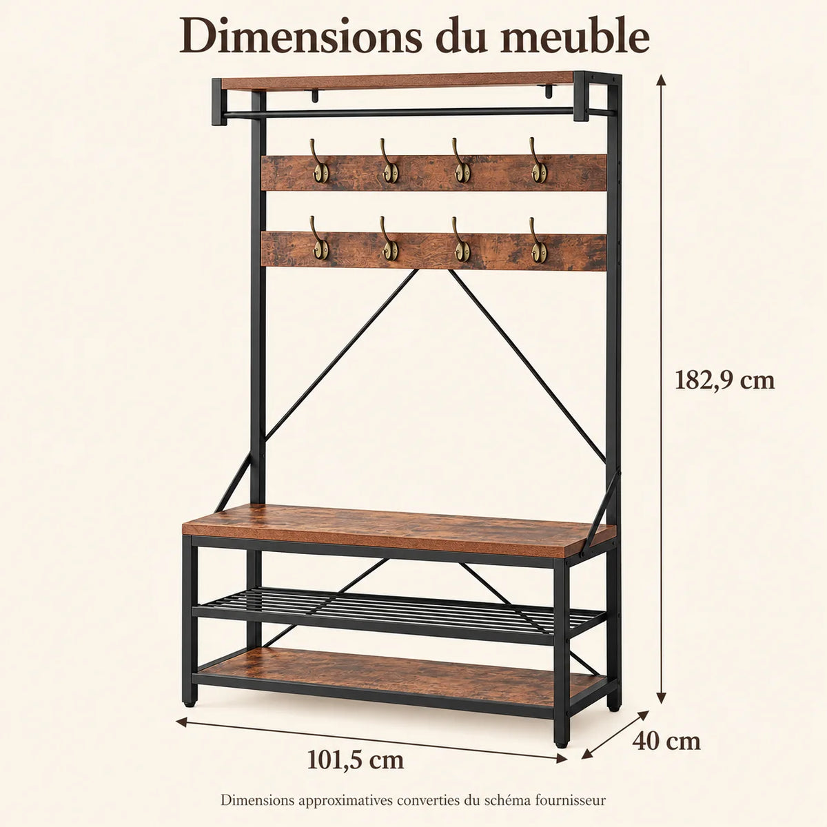 Dimensions approximatives du meuble brun et noir : largeur 101,5 cm, profondeur 40 cm, hauteur 182,9 cm
