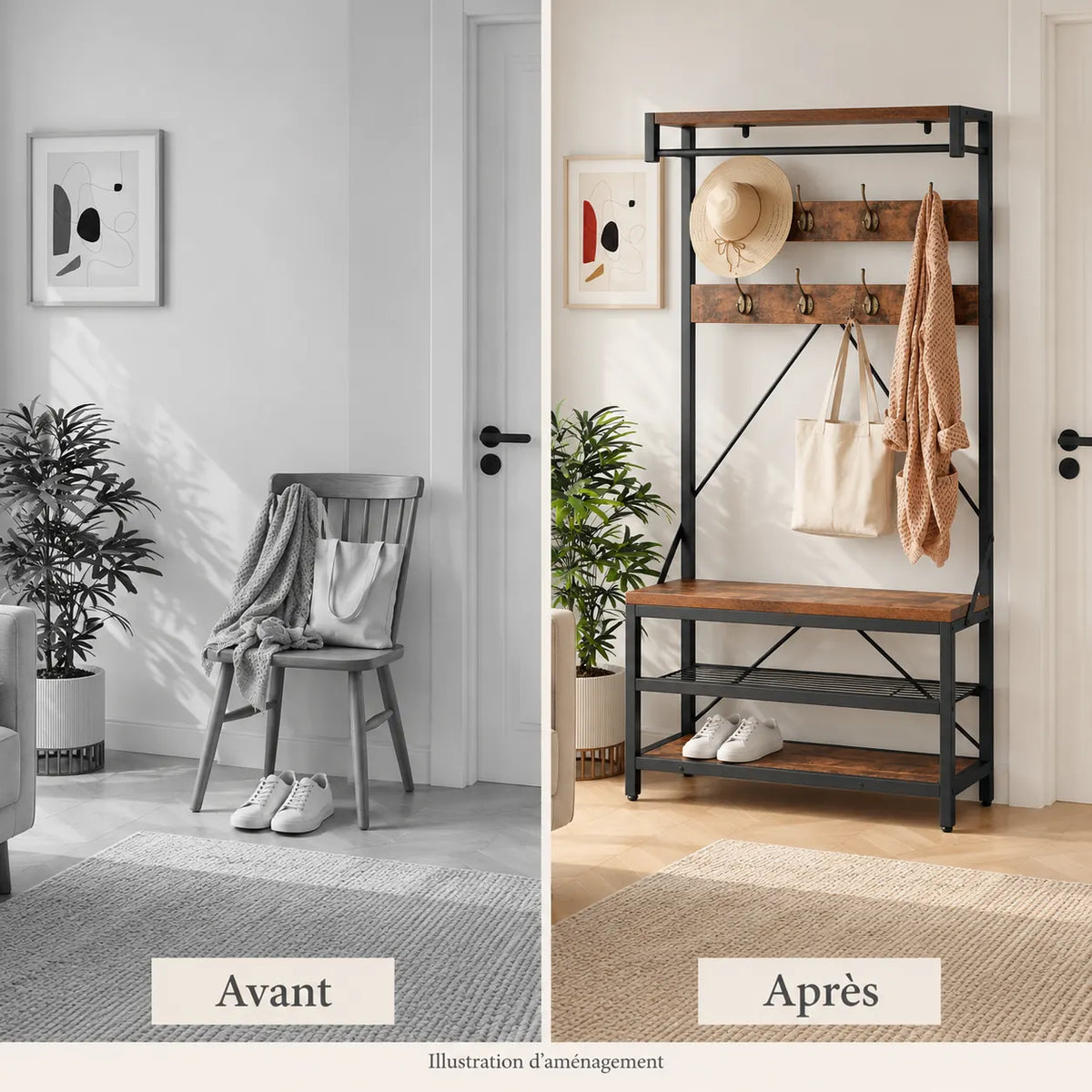 Avant et après illustratif du rangement de la chambre avec le meuble brun et noir