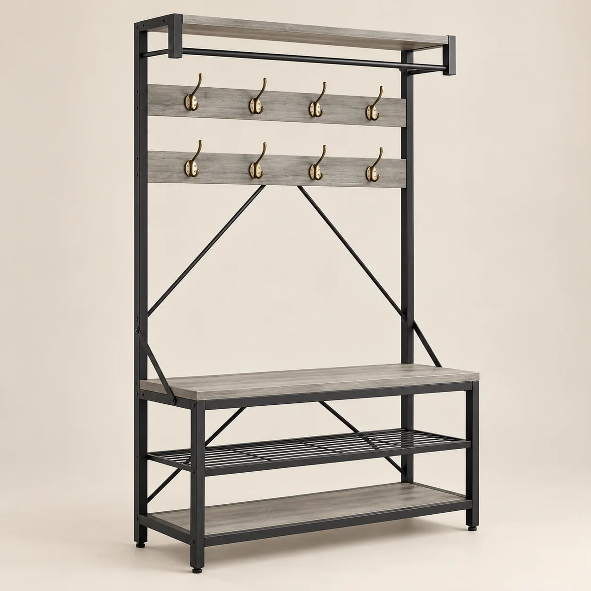 Vue de trois quarts du meuble gris et noir avec barre pour cintres