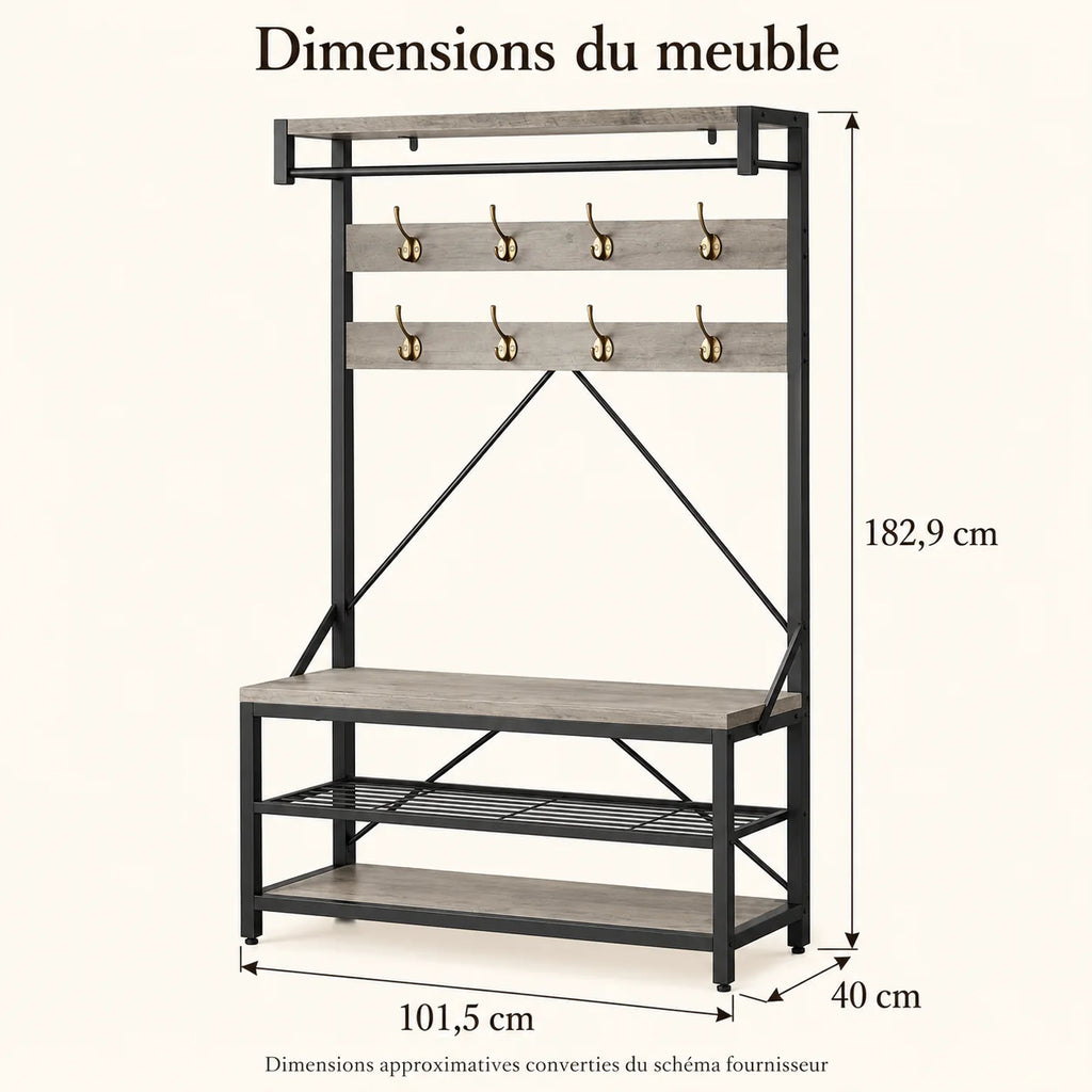 Dimensions approximatives du meuble gris et noir : largeur 101,5 cm, profondeur 40 cm, hauteur 182,9 cm
