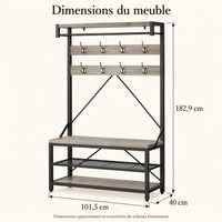 Dimensions approximatives du meuble gris et noir : largeur 101,5 cm, profondeur 40 cm, hauteur 182,9 cm