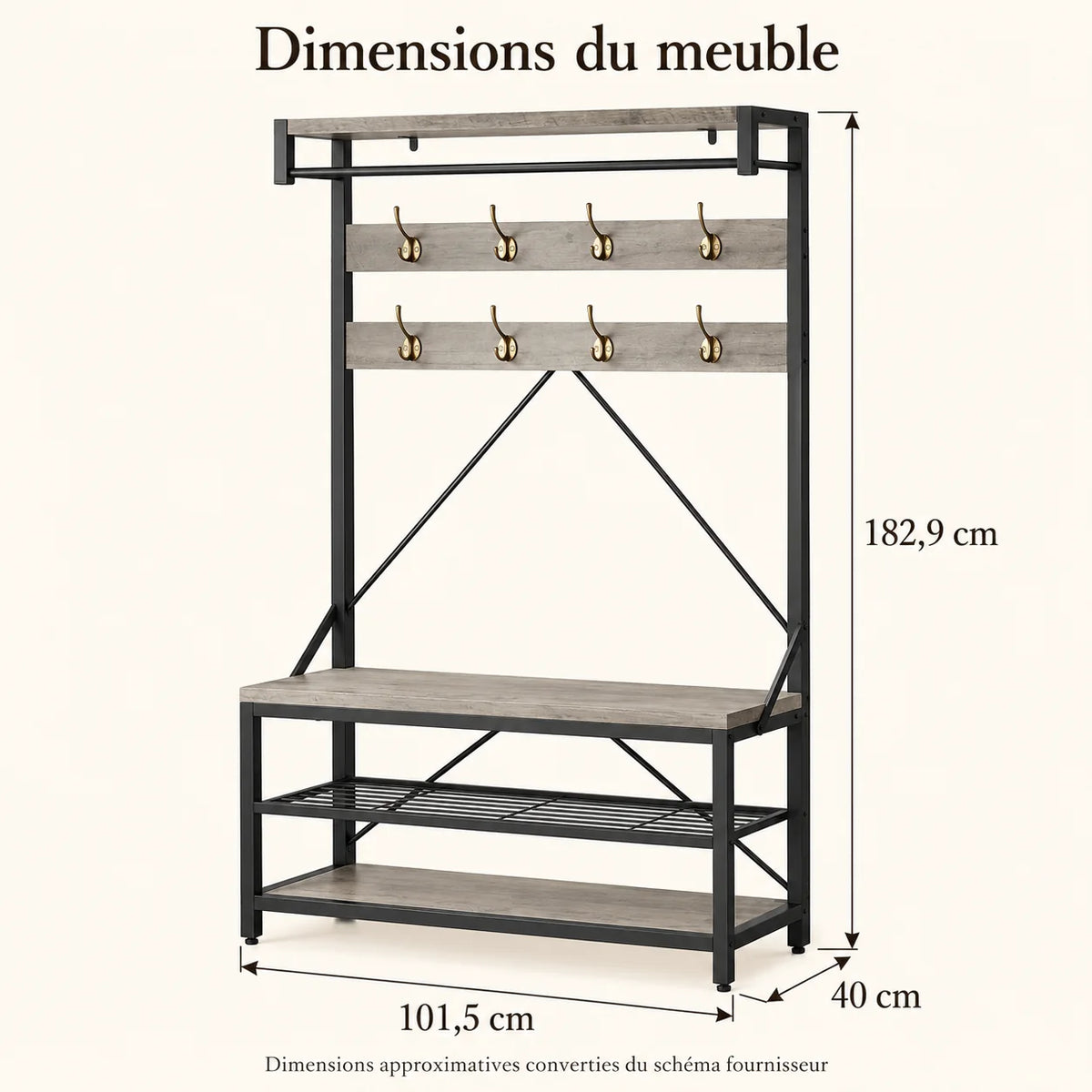 Dimensions approximatives du meuble gris et noir : largeur 101,5 cm, profondeur 40 cm, hauteur 182,9 cm