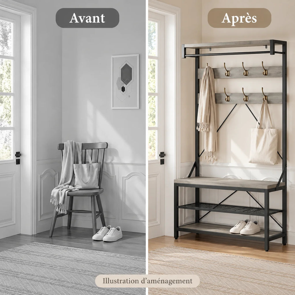 Avant et après illustratif du rangement de la chambre avec le meuble gris et noir