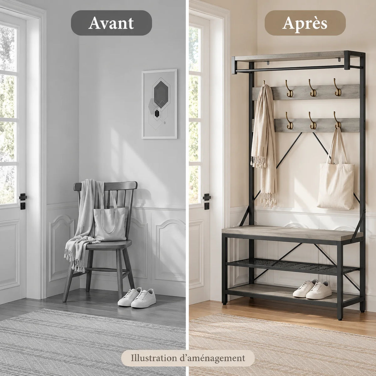 Avant et après illustratif du rangement de la chambre avec le meuble gris et noir