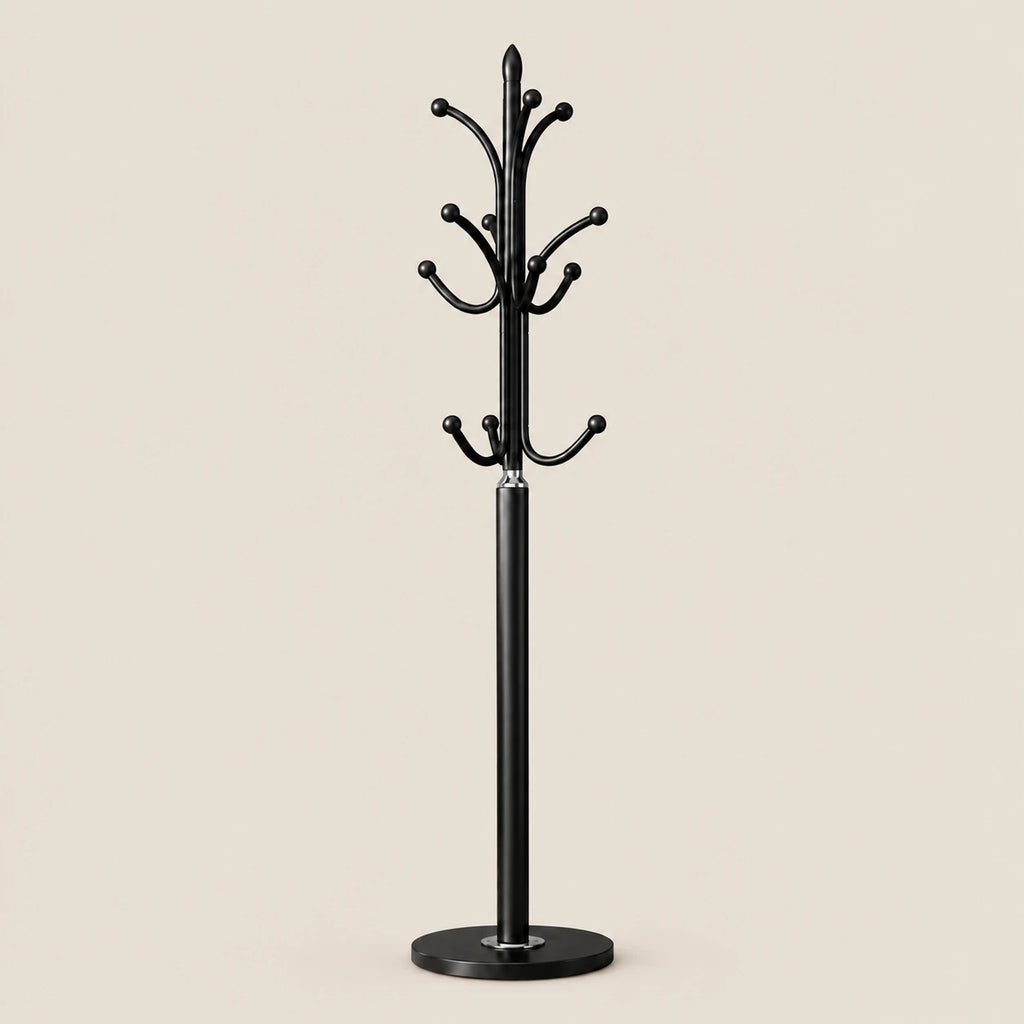 Porte-manteau moderne noir base marbre 180 cm : vue du produit sur fond beige