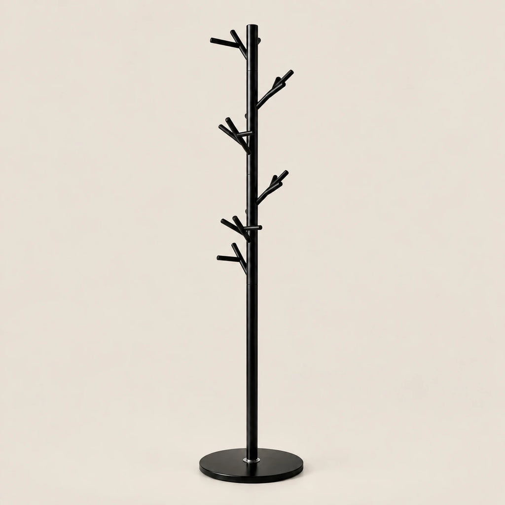 Porte-manteau moderne noir base plastique 175 cm : vue du produit sur fond beige