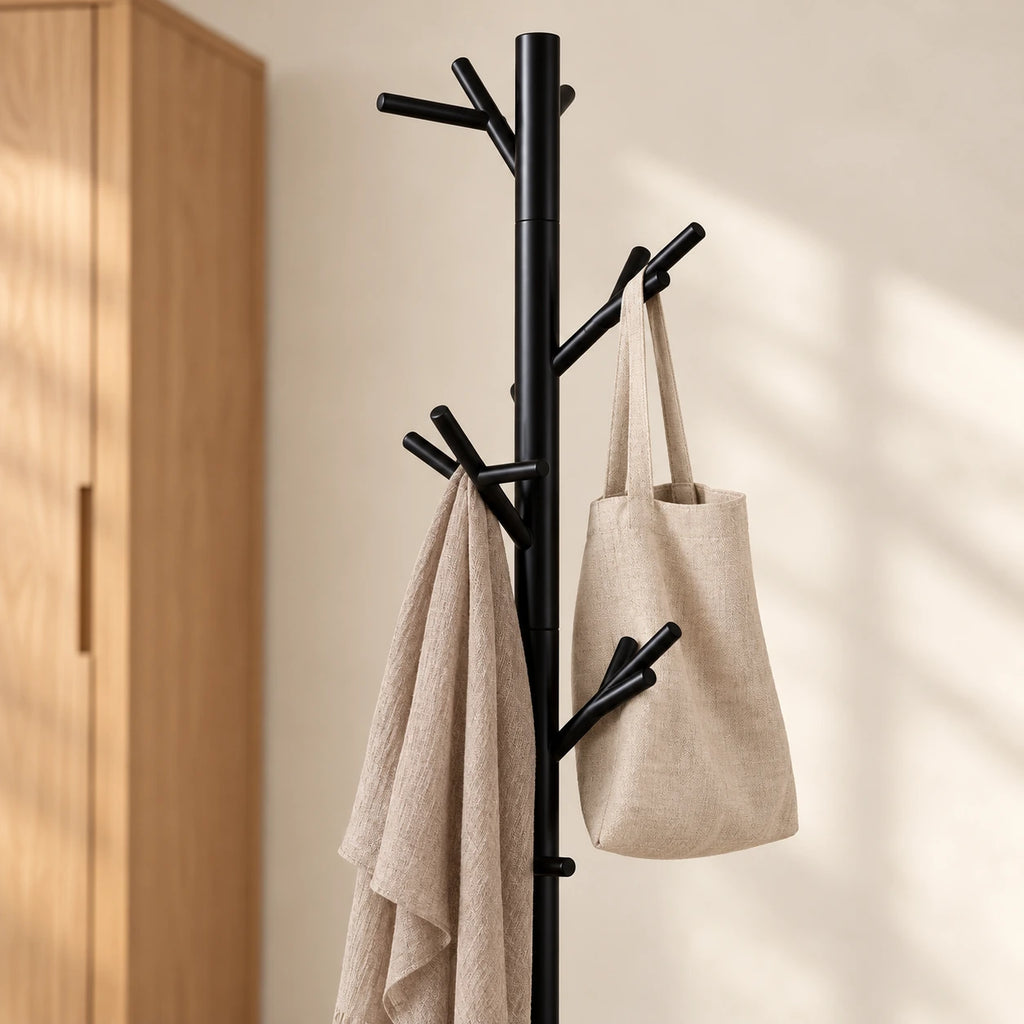 Porte-manteau moderne noir base plastique 175 cm : finition et accessoires en situation