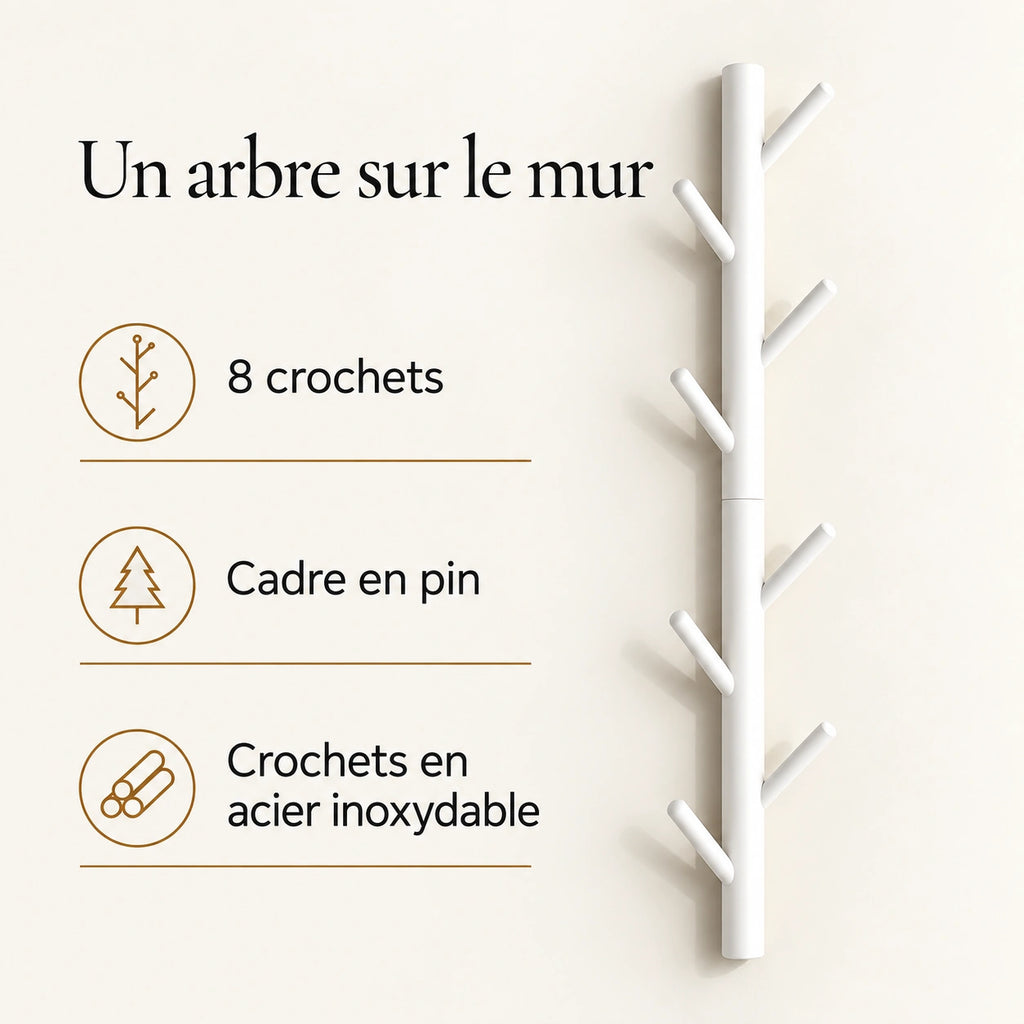 Porte-manteau mural arbre blanc 80 cm, 8 crochets, cadre en pin et crochets en acier inoxydable
