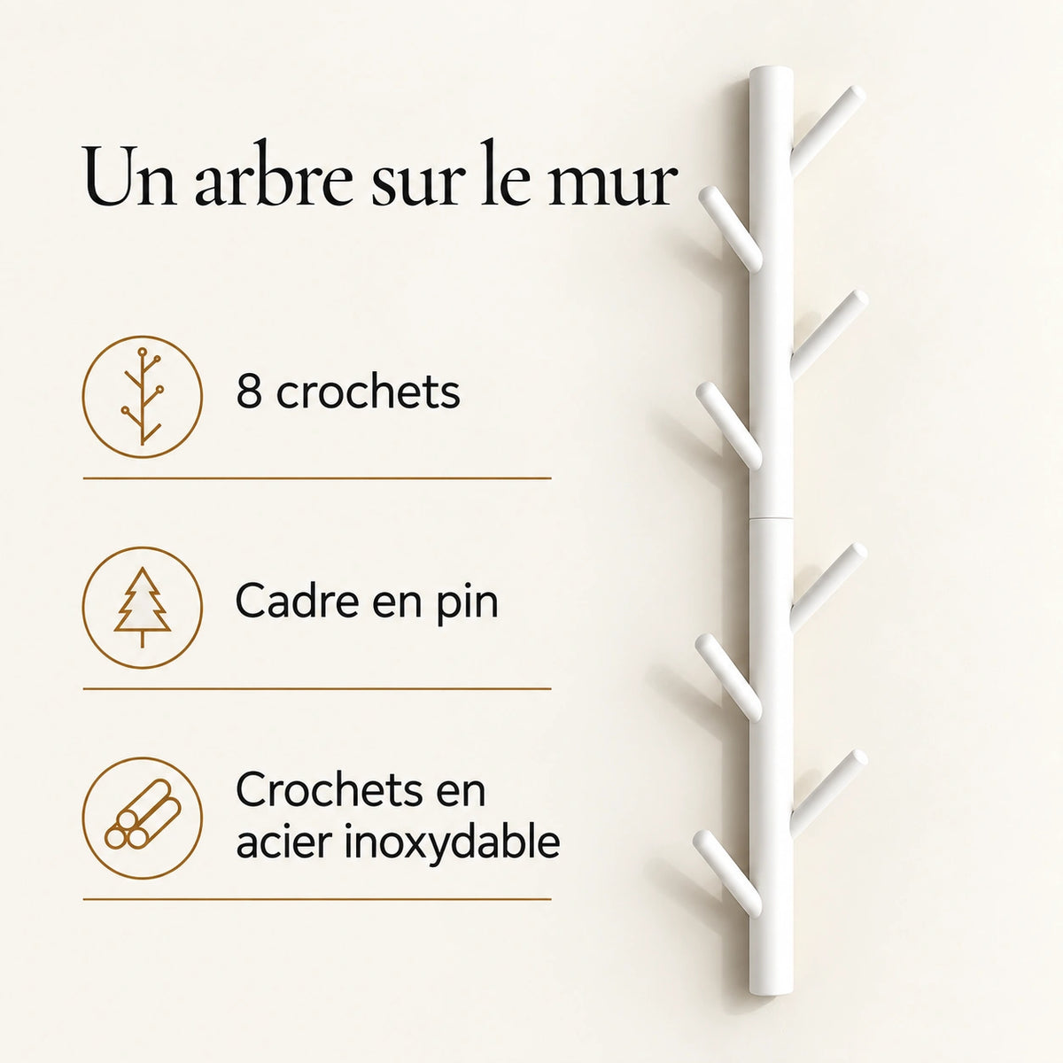 Porte-manteau mural arbre blanc 80 cm, 8 crochets, cadre en pin et crochets en acier inoxydable