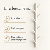 Porte-manteau mural arbre blanc 80 cm, 8 crochets, cadre en pin et crochets en acier inoxydable