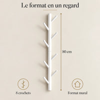 Porte-manteau mural arbre blanc 80 cm, 8 crochets, hauteur et nombre de crochets
