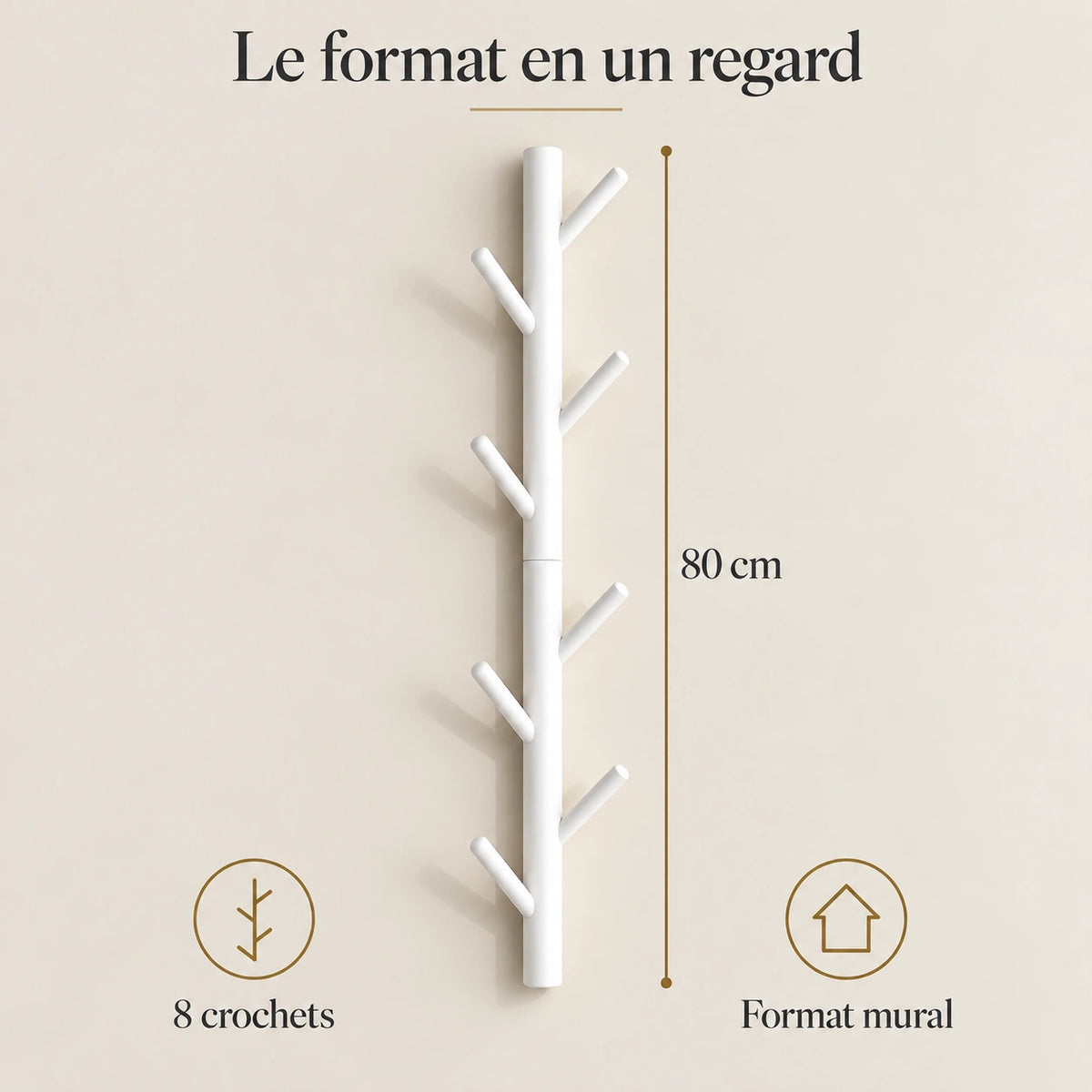 Porte-manteau mural arbre blanc 80 cm, 8 crochets, hauteur et nombre de crochets