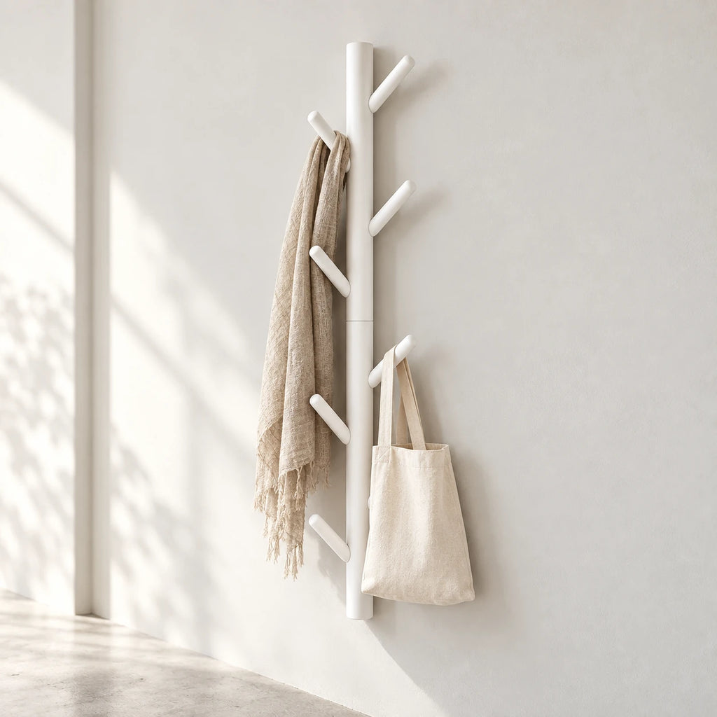 Porte-manteau mural arbre blanc 80 cm, 8 crochets, avec accessoires suspendus