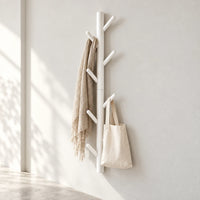 Porte-manteau mural arbre blanc 80 cm, 8 crochets, avec accessoires suspendus