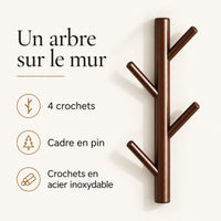 Porte-manteau mural arbre café 40 cm, 4 crochets, cadre en pin et crochets en acier inoxydable