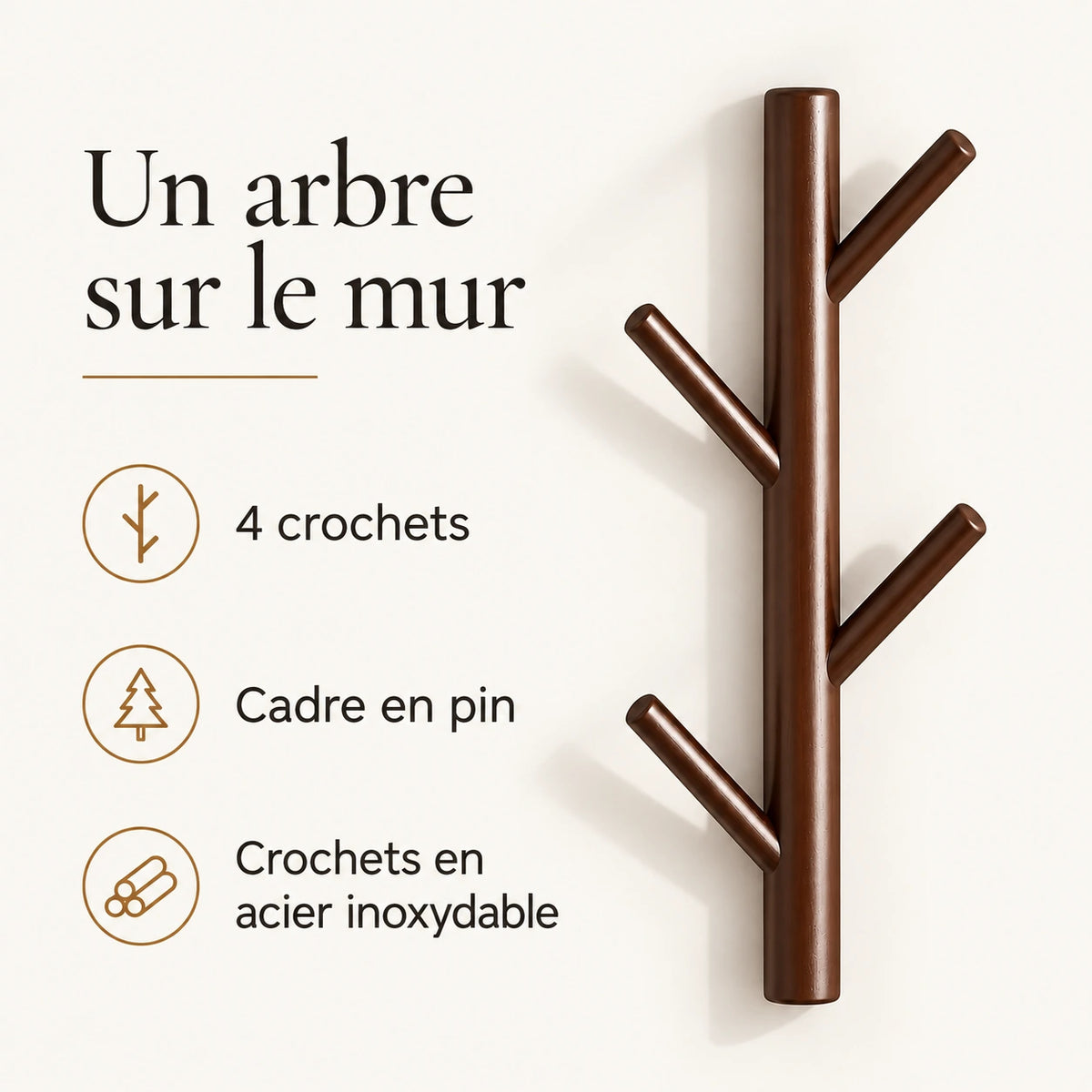 Porte-manteau mural arbre café 40 cm, 4 crochets, cadre en pin et crochets en acier inoxydable
