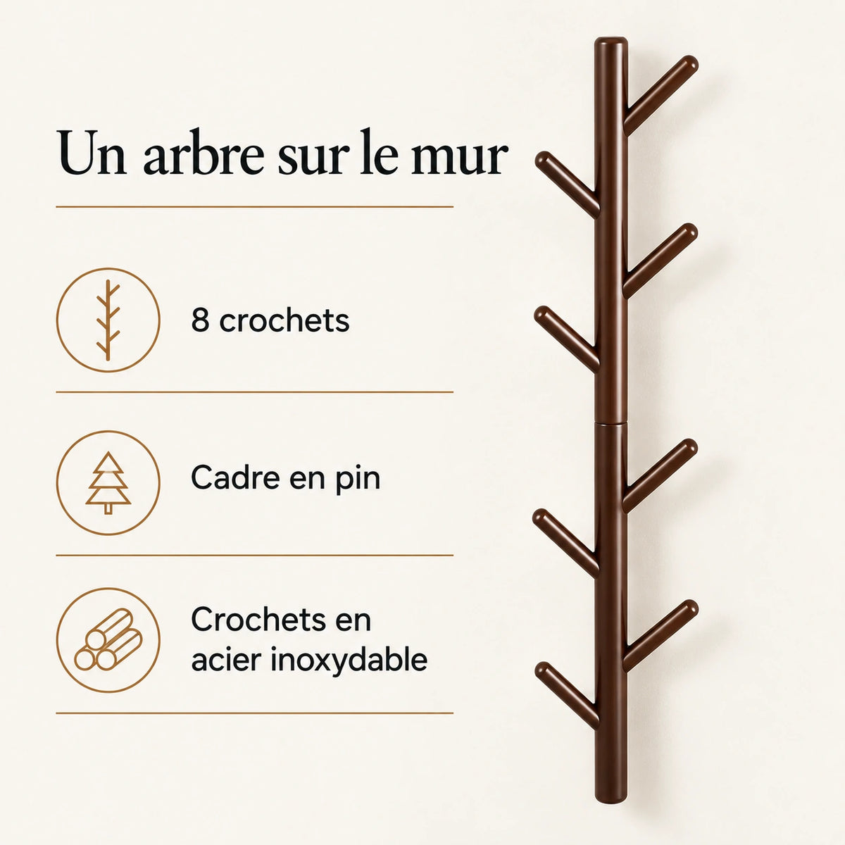 Porte-manteau mural arbre café 80 cm, 8 crochets, cadre en pin et crochets en acier inoxydable