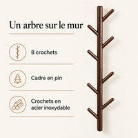 Porte-manteau mural arbre café 80 cm, 8 crochets, cadre en pin et crochets en acier inoxydable
