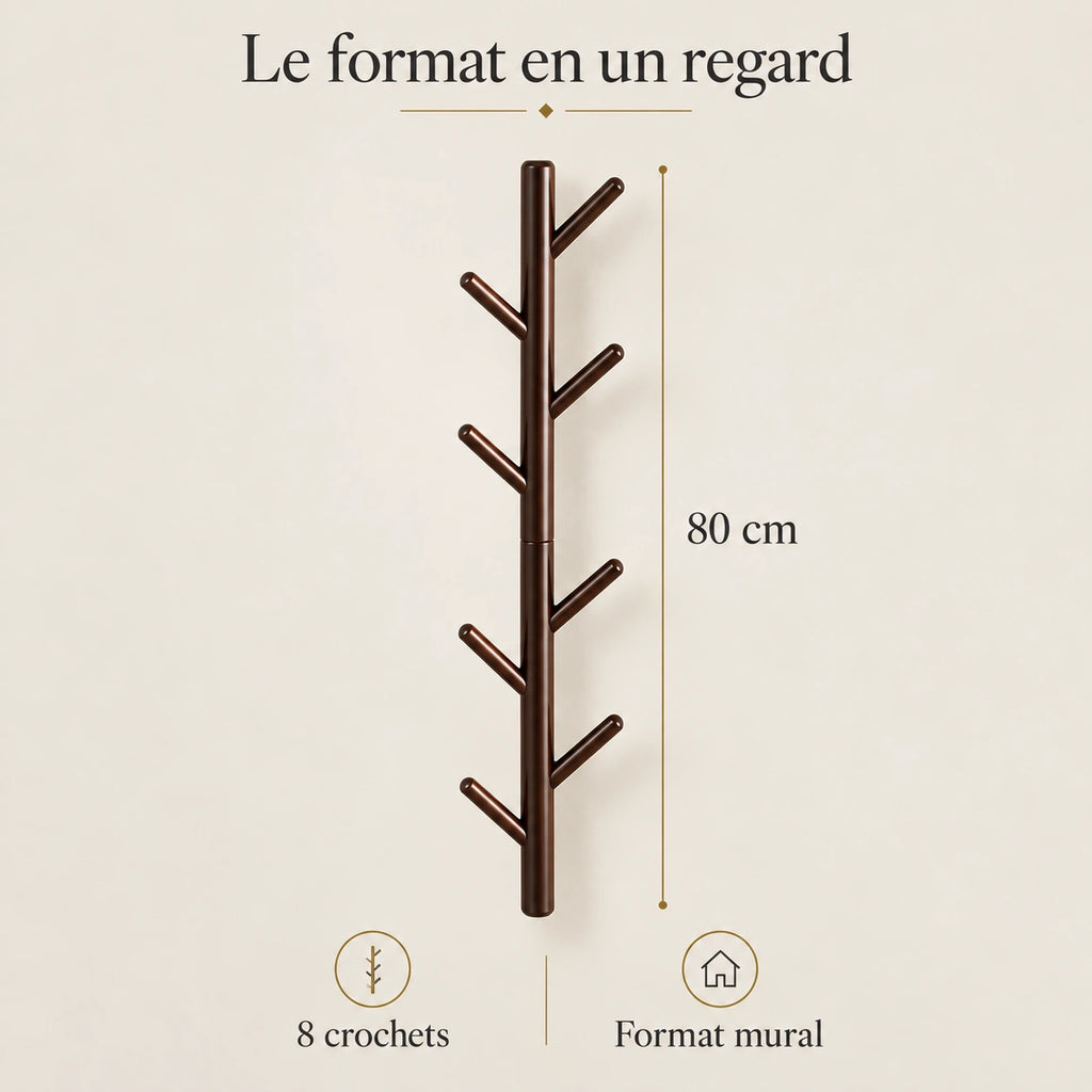 Porte-manteau mural arbre café 80 cm, 8 crochets, hauteur et nombre de crochets