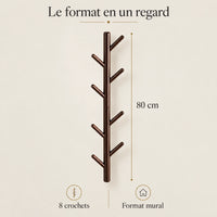 Porte-manteau mural arbre café 80 cm, 8 crochets, hauteur et nombre de crochets