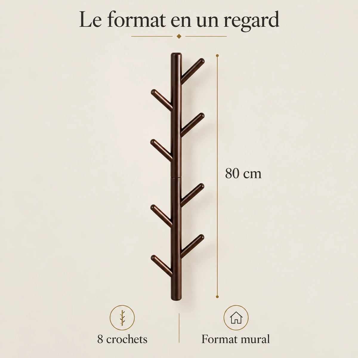 Porte-manteau mural arbre café 80 cm, 8 crochets, hauteur et nombre de crochets