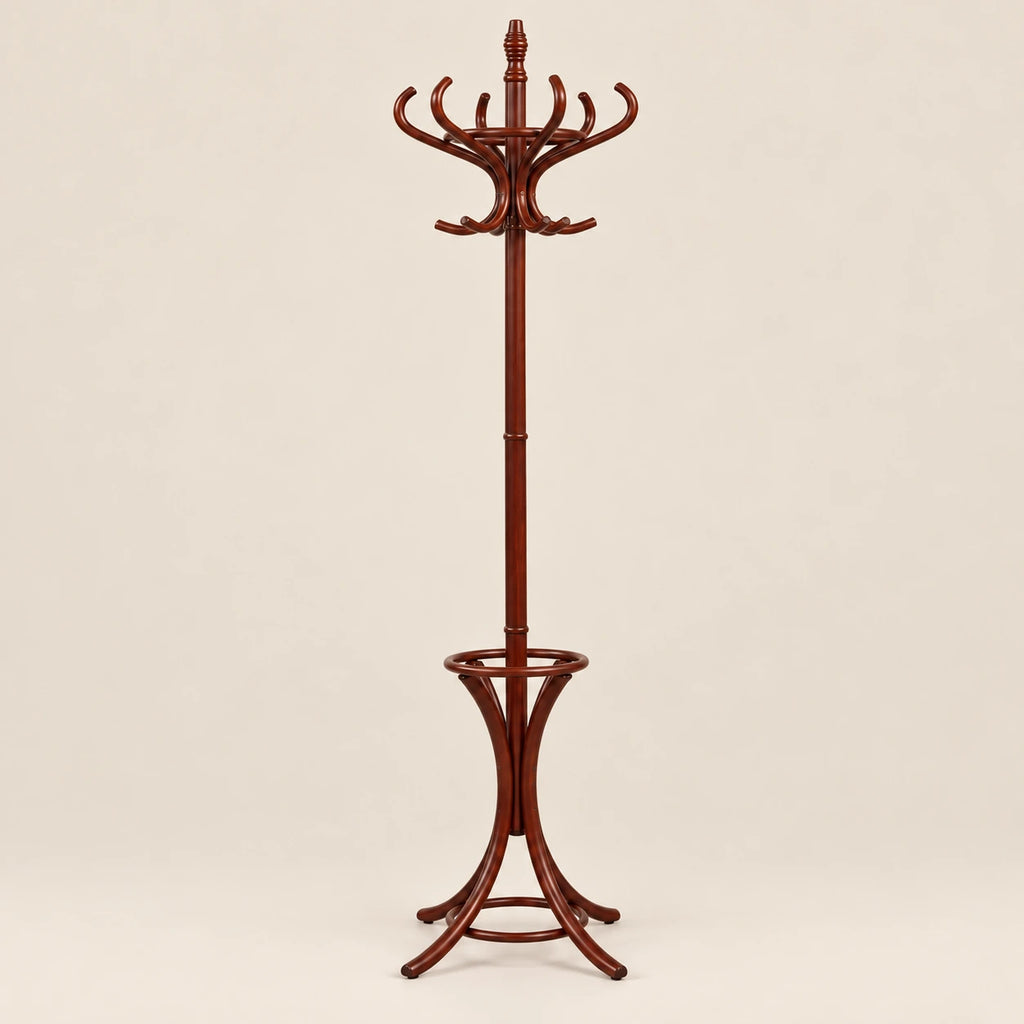 Porte-manteau perroquet bois brun avec porte-parapluies : vue du produit sur fond beige
