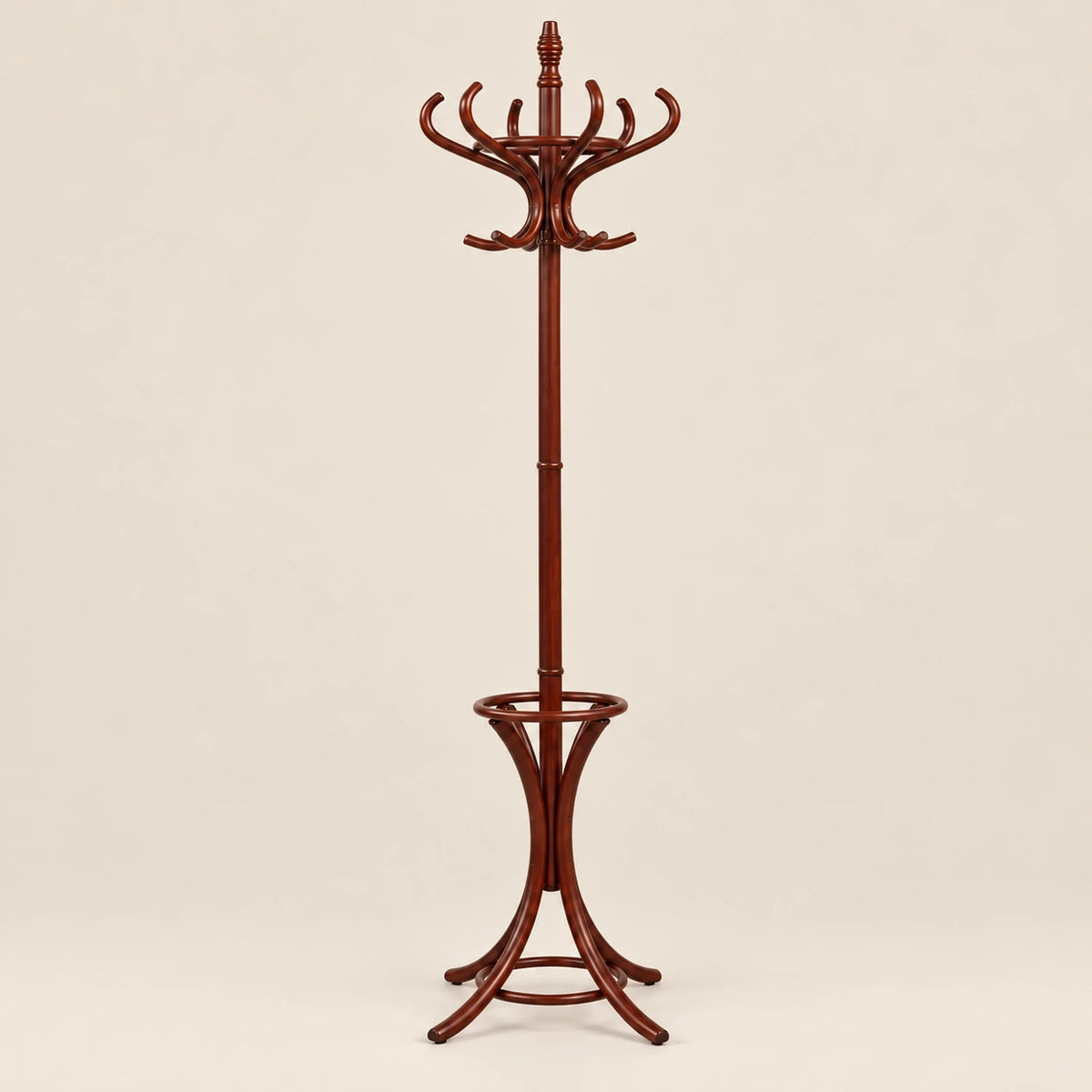 Porte-manteau perroquet bois brun avec porte-parapluies : vue du produit sur fond beige