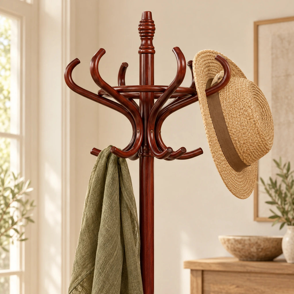 Porte-manteau perroquet bois brun avec porte-parapluies : finition et accessoires en situation