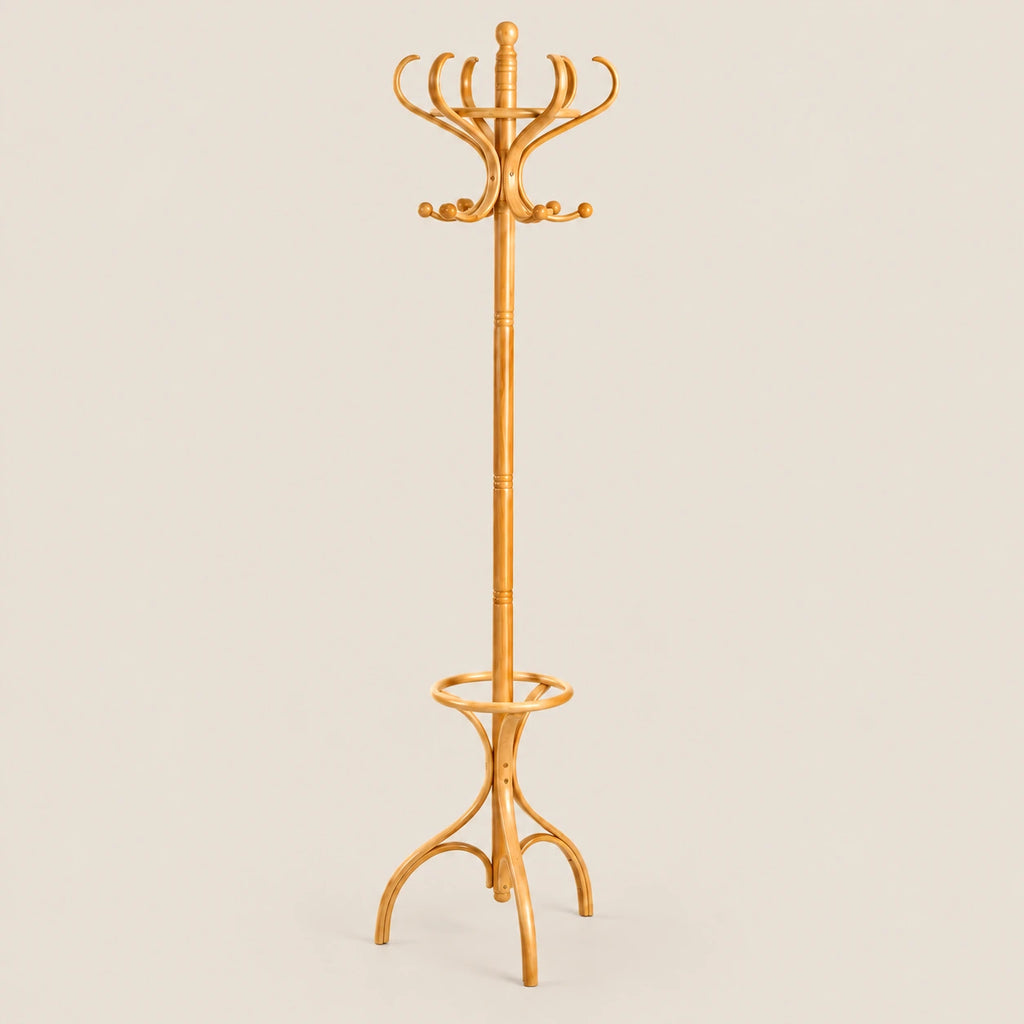 Porte-manteau perroquet bois clair 182 cm : vue du produit sur fond beige