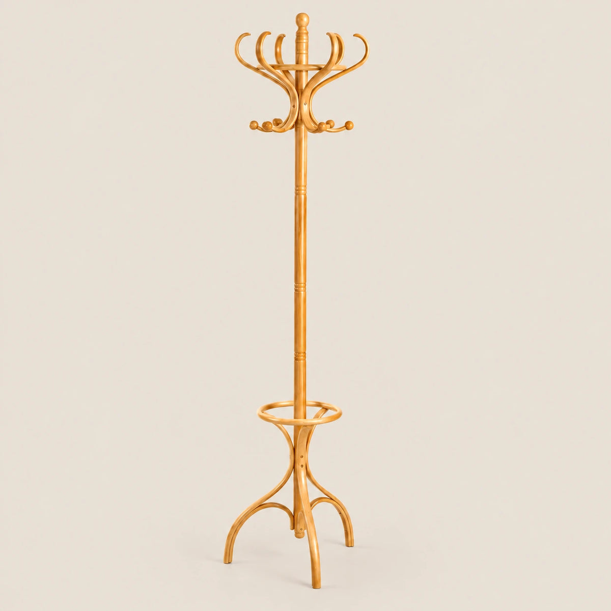 Porte-manteau perroquet bois clair 182 cm : vue du produit sur fond beige