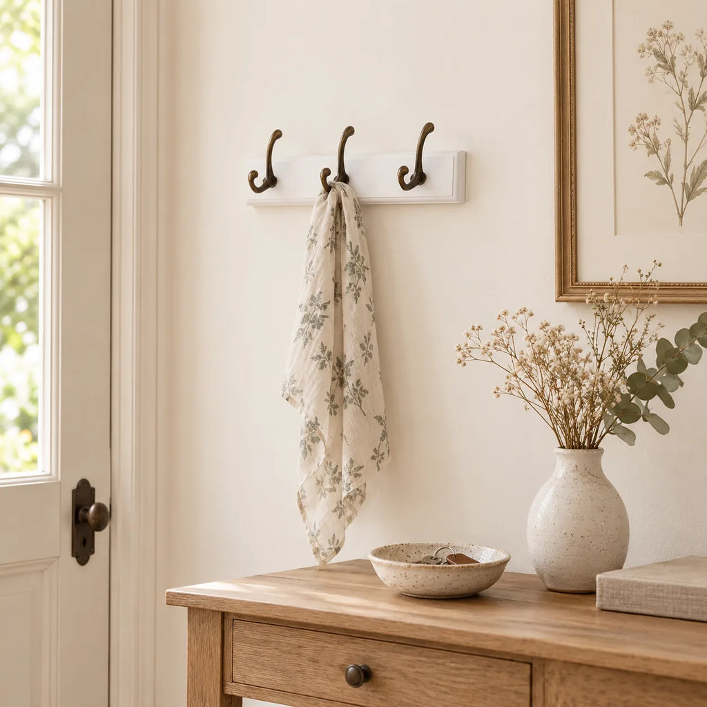Porte-manteau mural en pin blanc, 3 crochets, 28 cm : entree