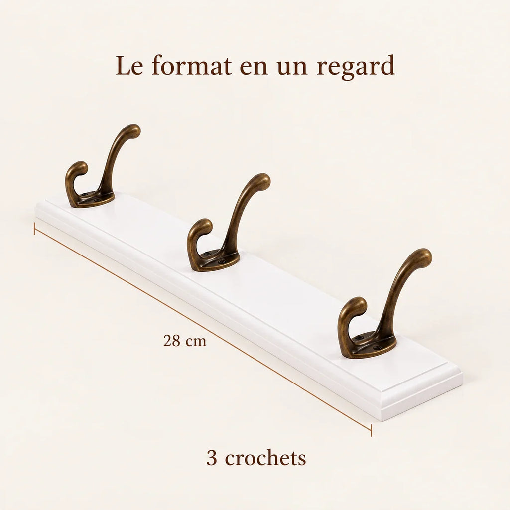 Porte-manteau mural en pin blanc, 3 crochets, 28 cm : dimensions