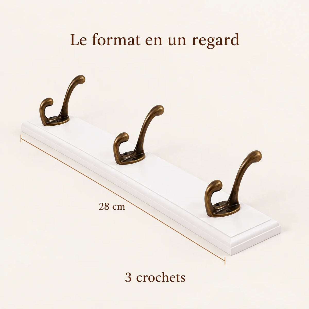 Porte-manteau mural en pin blanc, 3 crochets, 28 cm : dimensions