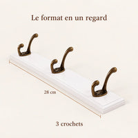 Porte-manteau mural en pin blanc, 3 crochets, 28 cm : dimensions