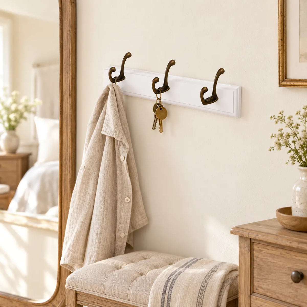 Porte-manteau mural en pin blanc, 3 crochets, 28 cm : chambre