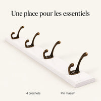 Porte-manteau mural en pin blanc, 4 crochets, 38 cm : caracteristiques