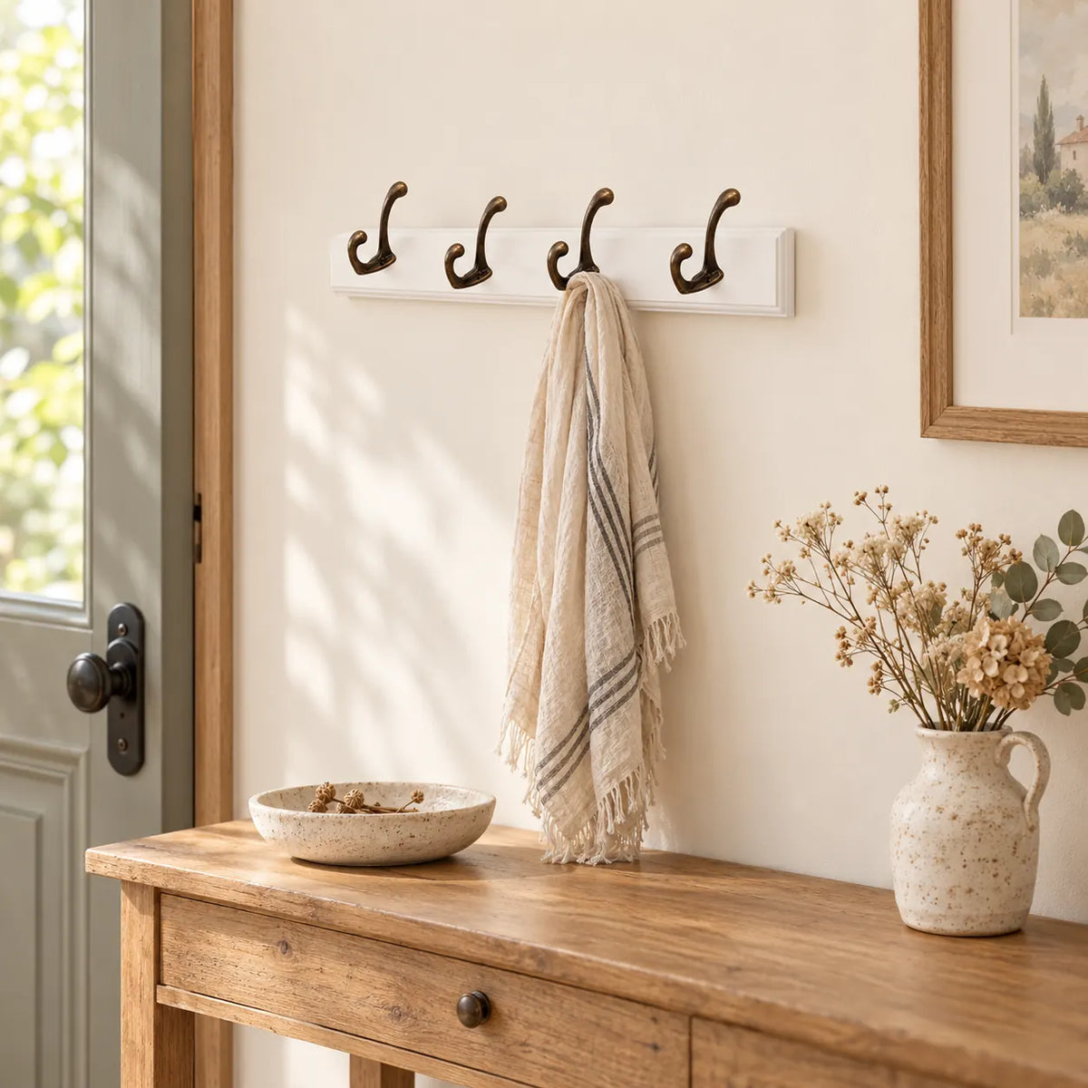 Porte-manteau mural en pin blanc, 4 crochets, 38 cm : entree Image